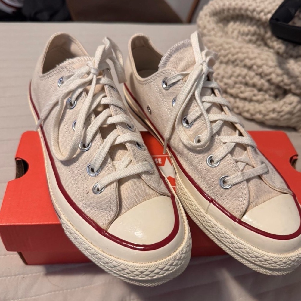 Converse Cream Canvas Sneakers with Red and Blue Stripes